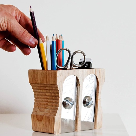 SuckUK Double Sharpener Desk Tidy Cup Pencil Gift Back to School Light Wood Cult - Picture 2 of 6